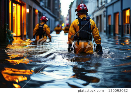 Flooded street with rescue team in action. Emergency flood relief team in urban area. 130098082