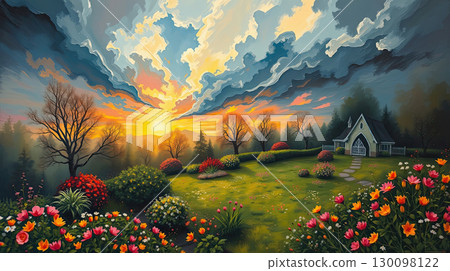 Enchanted painting of floral paradise garden. 130098122