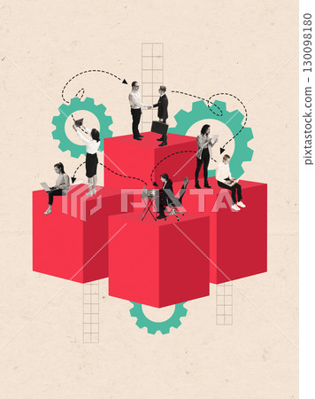 Graphic composition. Business people on red cubes with gears symbolizing corporate teamwork and communication 130098180
