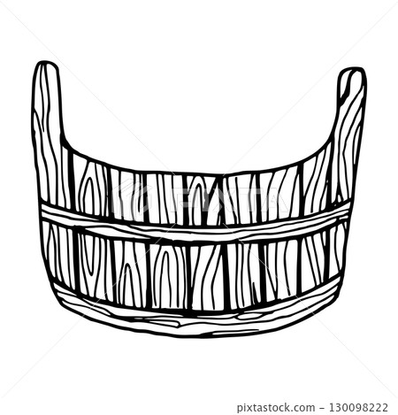 Wooden bucket for storing flowers, fruits. Vector illustration of a box. Simple black drawing hand drawn in doodle style. Outline drawing of a garden item for packaging design, postcard. Thanksgiving 130098222
