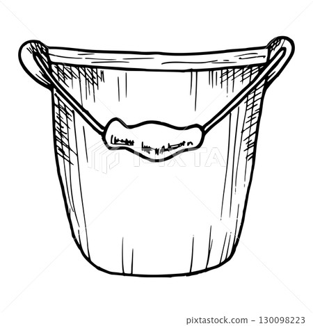 Metallic bucket for storing flowers. Vector illustration of a box. Simple black graphic, hand drawn in doodle style. Outline drawing of a garden item for packaging design, postcard. Thanksgiving Day 130098223