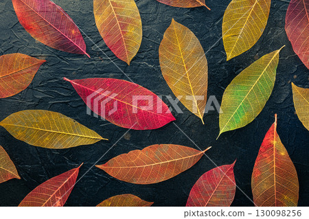 Autumn leaves background. Skeleton leaves on a black texture. Vibrant banner Autumn leaves background. Skeleton leaves on a black texture. Vibrant banner 130098256