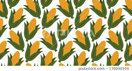 Hand drawn Crop Corn Cob with Green Leaves Seamless pattern Harvesting or Kwanzaa Holiday Background 130098304