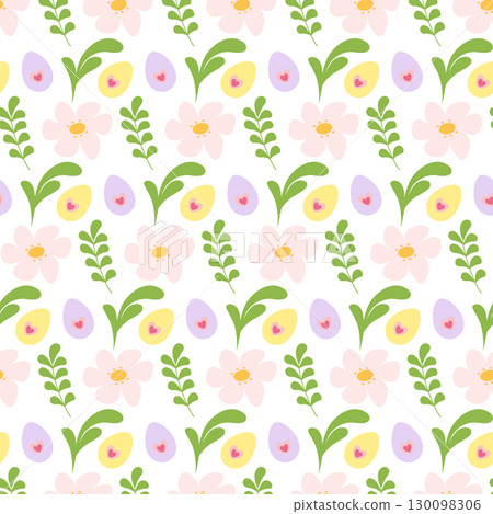 Colorful Easter Eggs with Hearts decoration and Flowers with Twigs Seamless Pattern Decorative Fond 130098306