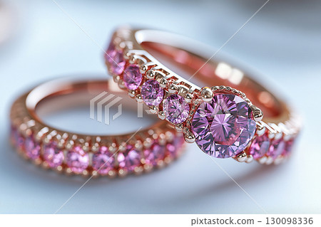Luxurious pair of wedding rings with pink stones on a white background. Rococo-Renaissance style. Luxurious pair of wedding rings with pink stones on a white background. Rococo-Renaissance style. 130098336