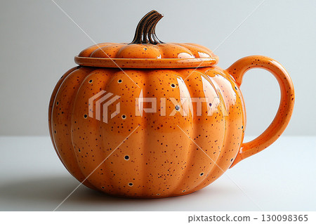 Ceramic cup with lid in shape of a orange pumpkin in a rustic style on a white background. Ceramic cup with lid in shape of a orange pumpkin in a rustic style on a white background. 130098365