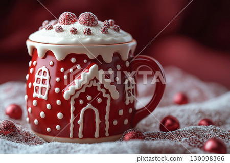 Vibrant colors. Gingerbread house shaped ceramic cup with lid on a white background. Christmas atmosphere. Vibrant colors. Gingerbread house shaped ceramic cup with lid on a white background. Christmas atmosphere. 130098366