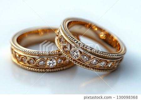 Luxury pair of Wedding Rings on a white background. Rococo Renaissance style. Luxury pair of Wedding Rings on a white background. Rococo Renaissance style. 130098368