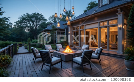 Luxury Outdoor Seating Area with Fire Pit and Warm Lighting | Modern Architectural Design. 130098398
