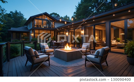 Luxury Outdoor Seating Area with Fire Pit and Warm Lighting | Modern Architectural Design. Luxury Outdoor Seating Area with Fire Pit and Warm Lighting | Modern Architectural Design. 130098400