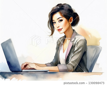 一位女士在筆記型電腦上工作的水彩畫 130098473