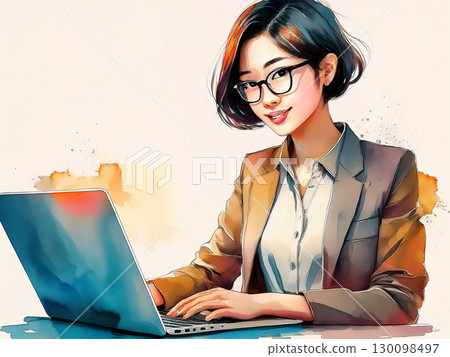 Watercolor painting of a woman working on a laptop 130098497