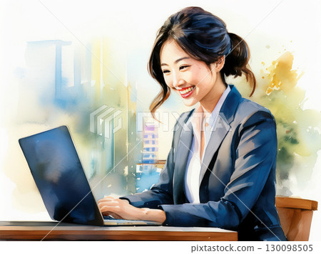 Watercolor painting of a woman working on a laptop 130098505