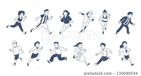 Doodle running characters. People fast run, men women in casual and sport clothes. Man in hurry to success, late for work, transport, recent vector set 130098544
