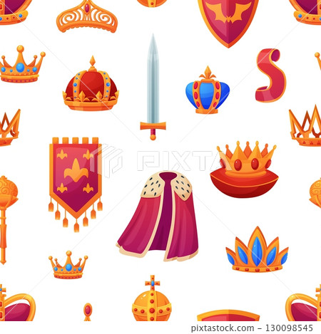 Royal elements seamless pattern. Imperial mantle, crowns, sword, golden scepter and orb. Monarchy symbols, queen king attributes, vector background 130098545