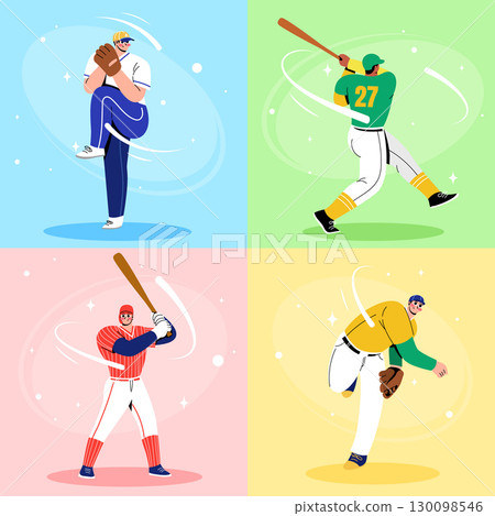 Hand Drawn Flat Baseball Player Collection 130098546