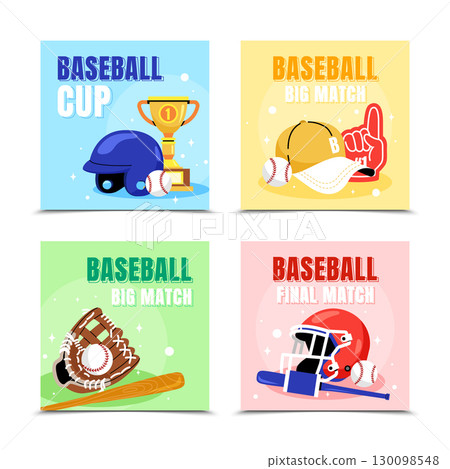 Hand Drawn Flat Baseball Elements Square Card Set 130098548