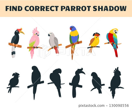 Parrots on wooden sticks. Children educational puzzle game find correct shadow with different parrots. Template with exotic birds, vector design 130098556