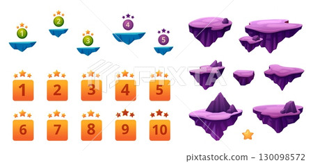 Levels elements. Game ui ux design. Floating islands with stars, buttons for bar. Decorative cartoon mountains, space design, vector set 130098572