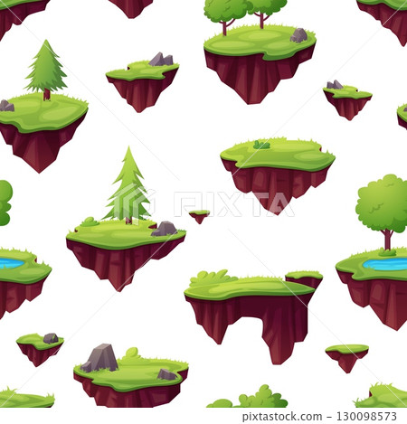 Green floating islands seamless pattern. Game art graphic elements for arcade. Decorative nature landscape with tree, grass meadow pond, vector background Green floating islands seamless pattern. Game art graphic elements for arcade. Decorative nature landscape with tree, grass meadow pond, vector background 130098573