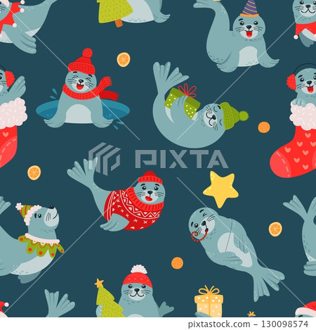 Funny seals with christmas elements. New year cartoon seal with gift, wear hat and scarf. Children print for fabric or wallpaper, decorative vector background Funny seals with christmas elements. New year cartoon seal with gift, wear hat and scarf. Children print for fabric or wallpaper, decorative vector background 130098574