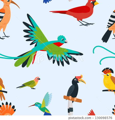 Exotic birds seamless pattern. Bright bird sitting on stick and fly. Vibrant hummingbird, parrot, cardinal bird. Cartoon print for fabric, vector background Exotic birds seamless pattern. Bright bird sitting on stick and fly. Vibrant hummingbird, parrot, cardinal bird. Cartoon print for fabric, vector background 130098576