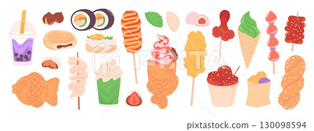 Cartoon asian street food. Fried seafood, octopus, fish and vegetables rolls. Bubble tea and ice cream, mochi, cookies with topping, racy vector clipart 130098594