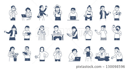 Doodle people with gadgets. Different modern characters using tablets, smartphones and laptop. Students, office workers, housewife, businessman, recent vector set 130098596