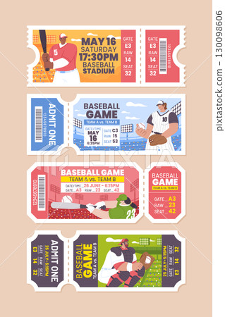 Baseball hand Drawn flat Tickets Collection 130098606