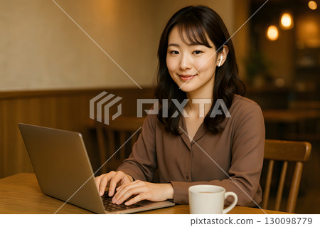 一個在咖啡館遠程工作的女人 一個在咖啡館遠程工作的女人 130098779