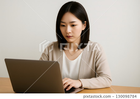 年輕女子專注於筆記型電腦的辦公室工作 年輕女子專注於筆記型電腦的辦公室工作 130098784
