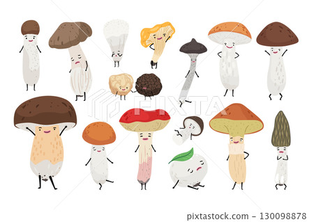 Cartoon forest mushrooms with eyes and hands. Vector isolated on white background 130098878