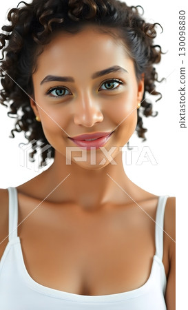 Smiling beautiful dark-skinned woman with curly hair wearing a white camisole Smiling beautiful dark-skinned woman with curly hair wearing a white camisole 130098880