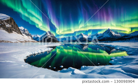 A winter night sky adorned with mysterious lights: Aurora sparkling over a snowy mountain lake 130098904