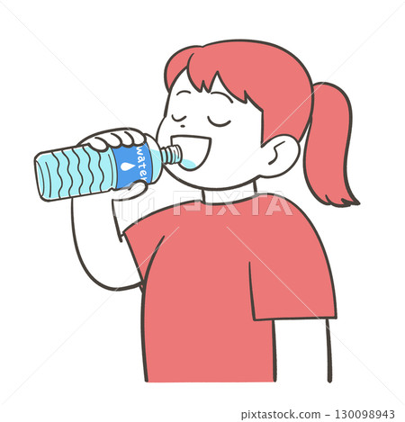 Girl drinking water from a plastic bottle 130098943