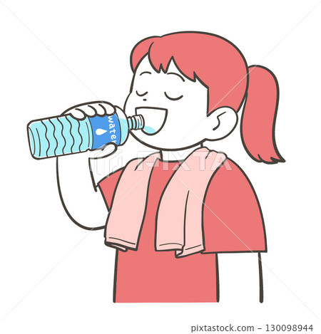 女孩用塑料瓶喝水 130098944