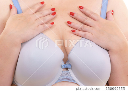 Plus size woman big breast wearing bra Plus size woman big breast wearing bra 130099355