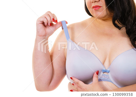 Woman big breast wearing bra 130099358