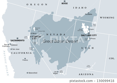Great Basin Desert, in the western United States, gray map. Temperate desert with hot, dry summers and snowy winters, spanning large portions of Nevada and Utah, extending into California and Idaho. 130099418