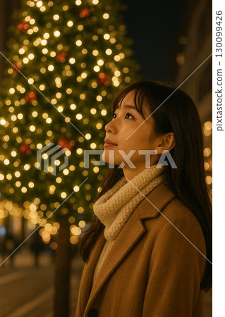 Profile of a woman looking up at the illuminations Profile of a woman looking up at the illuminations 130099426
