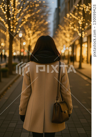 Back view of a woman walking along an illuminated avenue Back view of a woman walking along an illuminated avenue 130099428