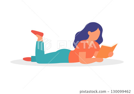 Girl lying on stomach and reading book. Relaxed study posture in modern minimal style Girl lying on stomach and reading book. Relaxed study posture in modern minimal style 130099462