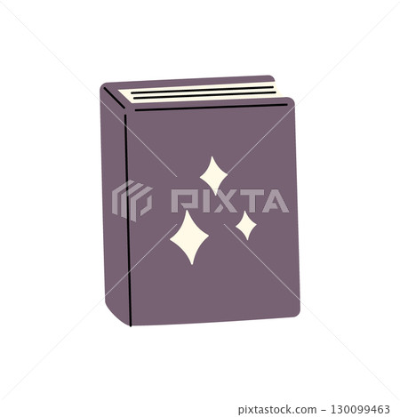 Flat purple book with glowing white star-like symbols on cover. Magical or fantasy-themed reading design Flat purple book with glowing white star-like symbols on cover. Magical or fantasy-themed reading design 130099463