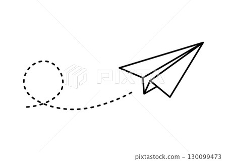 Paper airplane with dashed circular path. Smooth line vector illustration of simple flying motion 130099473