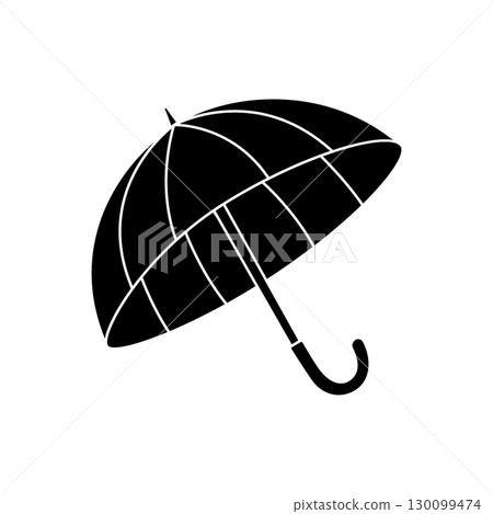 Minimalist black umbrella icon with segmented canopy, solid vector art for rain, weather, and protective stylish accessory 130099474