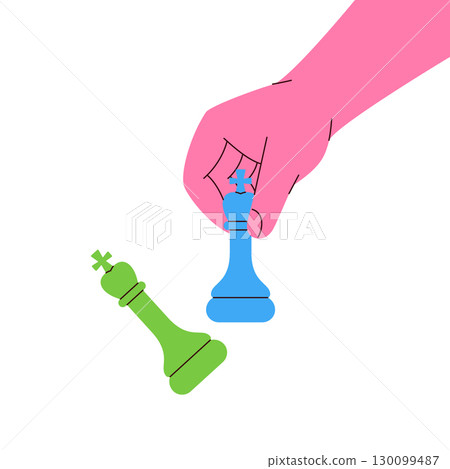 Pink hand holding a blue chess king with a fallen green opponent symbolizing defeat, strategy and victory in the match Pink hand holding a blue chess king with a fallen green opponent symbolizing defeat, strategy and victory in the match 130099487