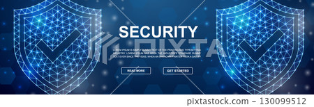 Shield with check mark polygonal symbol for promotion banner. Antivirus horizontal low poly poster illustration. Internet safety design template 130099512