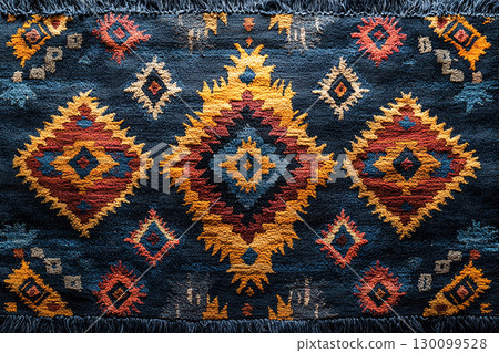 Handwoven rug texture with geometric print on a white background. Top view. Handwoven rug texture with geometric print on a white background. Top view. 130099528