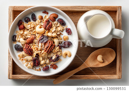 Viral food trend. Top view of a tray of muesli in nuts on a bowl and milk jug on a white background. Classic breakfast. Viral food trend. Top view of a tray of muesli in nuts on a bowl and milk jug on a white background. Classic breakfast. 130099531