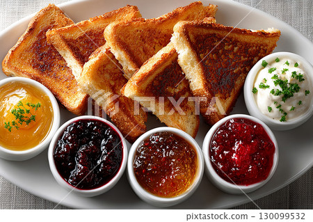 Premium food. American buffet breakfast. Hotel Breakfast Styles. Top view of a tray of pieces of toasted bread on a plate and assorted spreads in small bowls on a white background. Premium food. American buffet breakfast. Hotel Breakfast Styles. Top view of a tray of pieces of toasted bread on a plate and assorted spreads in small bowls on a white background. 130099532